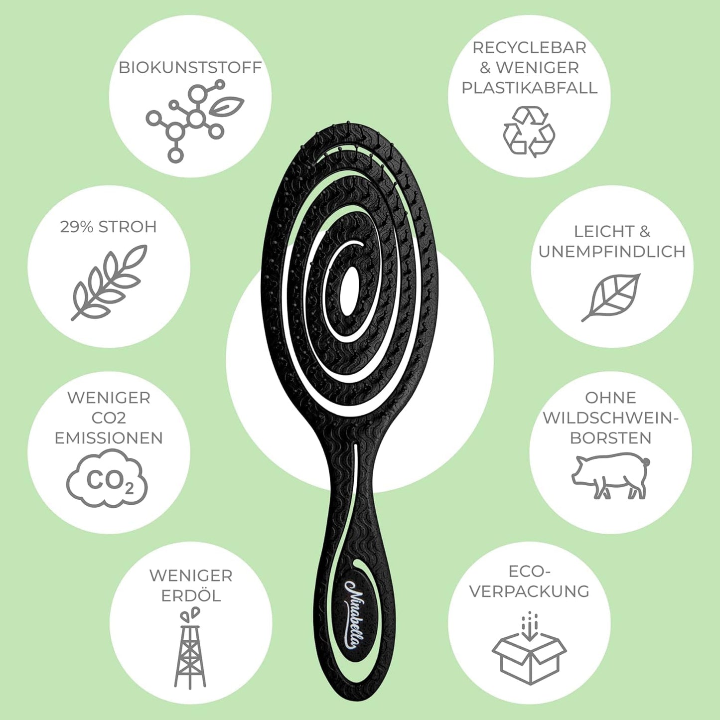 Ninabella Haarbürste ohne Ziepen - Bürste für Damen und Herren - Detangler Bürste auch für Locken & Lange Haare - Entwirrbürste Haarbürsten - Schwarz