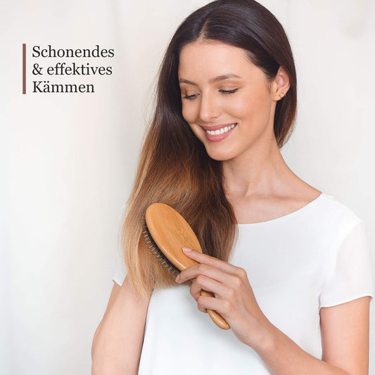 lampox - Bambus Haarbürste mit Wildschweinborsten Kopfmassage Haarpflege, Entwirrbürste für lange Haare & Locken von Damen, Herren & Kinder, Massagebürste für die Kopfhaut, Detangler (oval)