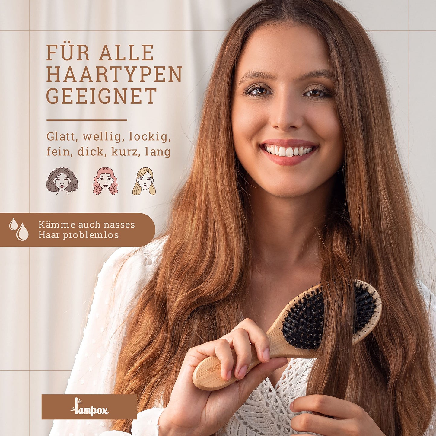 lampox - Bambus Haarbürste mit Wildschweinborsten Kopfmassage Haarpflege, Entwirrbürste für lange Haare & Locken von Damen, Herren & Kinder, Massagebürste für die Kopfhaut, Detangler (oval)