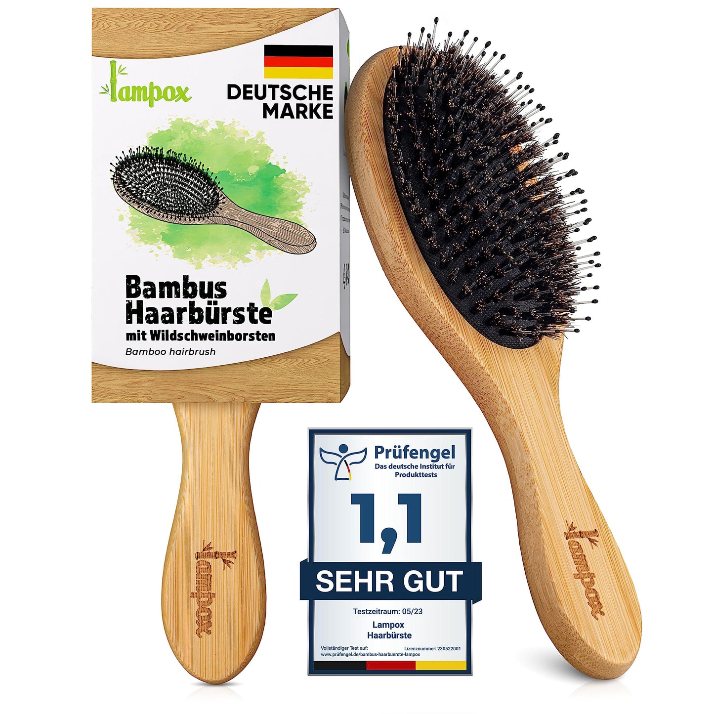 lampox - Bambus Haarbürste mit Wildschweinborsten Kopfmassage Haarpflege, Entwirrbürste für lange Haare & Locken von Damen, Herren & Kinder, Massagebürste für die Kopfhaut, Detangler (oval)