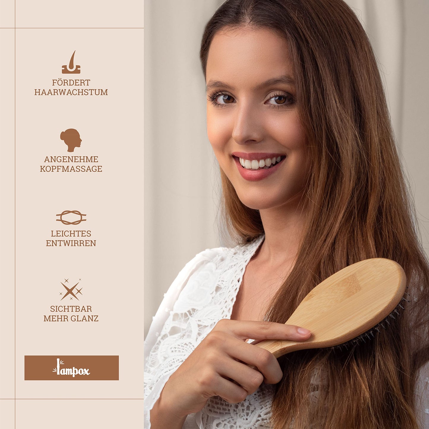 lampox - Bambus Haarbürste mit Wildschweinborsten Kopfmassage Haarpflege, Entwirrbürste für lange Haare & Locken von Damen, Herren & Kinder, Massagebürste für die Kopfhaut, Detangler (oval)