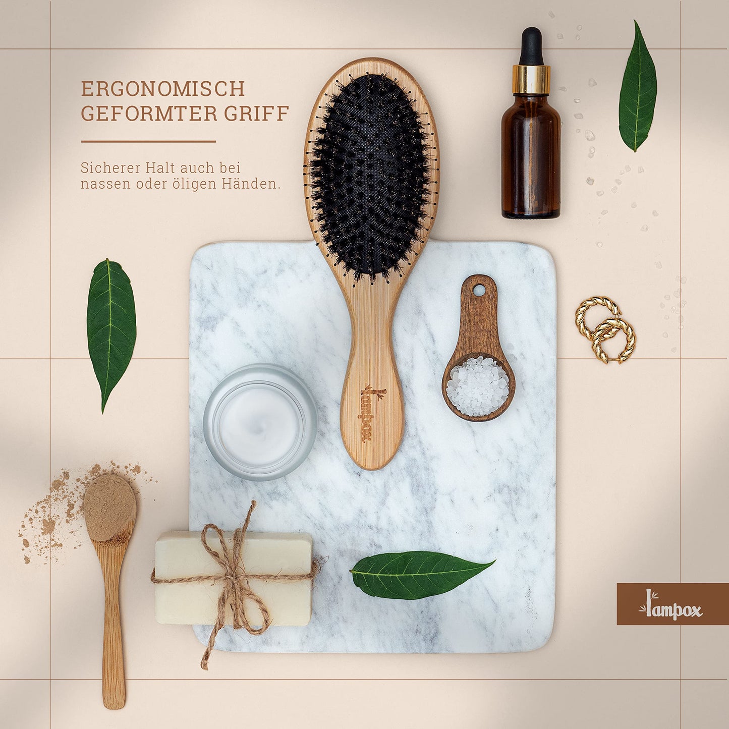 lampox - Bambus Haarbürste mit Wildschweinborsten Kopfmassage Haarpflege, Entwirrbürste für lange Haare & Locken von Damen, Herren & Kinder, Massagebürste für die Kopfhaut, Detangler (oval)